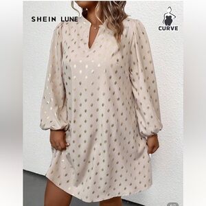NWT SHEIN LUNE Plus Lantern Sleeve Gold Dot Shift Dress – Size 2X